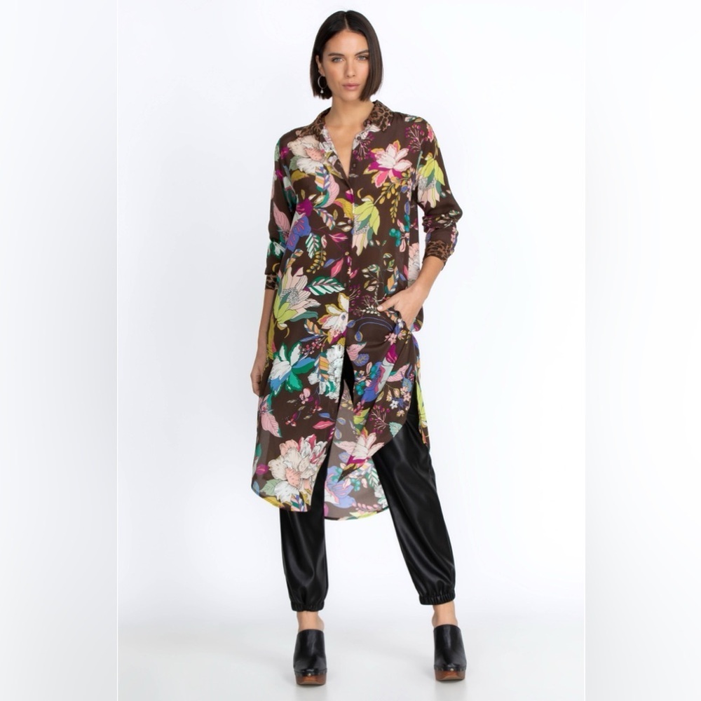 New! Johnny Was Arabella Relaxed Overshirt Tunic Leopard Floral Silk Dress ๐ค S - Picture 10 of 16